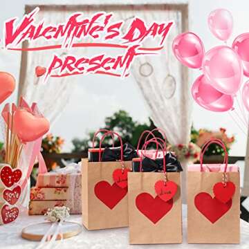Hillban 24 pcs Valentine's Day Heart Gift Bags with Tags 3 x 6 x 8 Inch Red Pink Heart Candy Goodie Favor Paper Bags with Handles for Valentine Wedding Children's Day(Heart,Brown, Red)