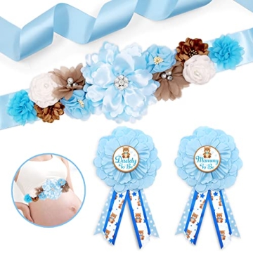 Blue Teddy Bear Maternity Sash Mom to Be & Daddy to Be Corsage Pin Set for Bear Baby Shower Maternit...