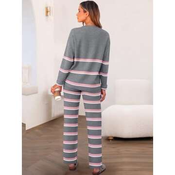 Caracilia Women's 2 Piece Outfits Sweater Sets Striped Oversized Sweaters Knit Wide Leg Pant Lounge Set 2024 Fall Outfits Grey XL