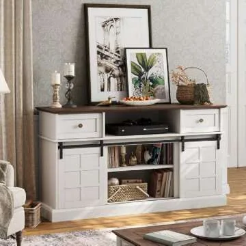 LGHM Farmhouse TV Stand - White Entertainment Center with Sliding Barn Door, Tall Console for 65 inc...