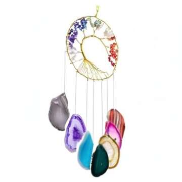mookaitedecor 7 Chakra Crystal Tree of Life with Agate Slices Wind Chimes, Wall Hanging Ornaments Window Home Decor 25-27 Inch