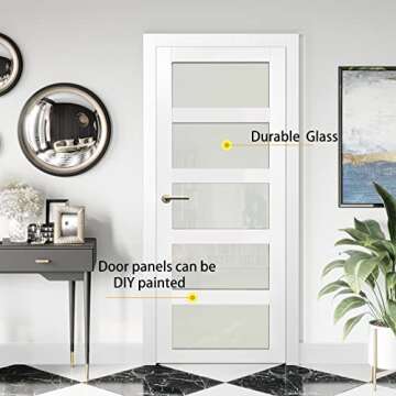 SOLRIG 30" x 80" Modern French Interior Door - 5 Lites Tempered Frosted Glass Panels, White MDF & Gl...