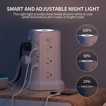 PASSUS Power Tower Surge Protector with USB Ports & Night Light