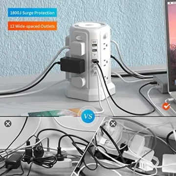 PASSUS Power Tower Surge Protector with USB Ports & Night Light