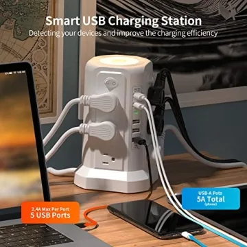 PASSUS Power Tower Surge Protector with USB Ports & Night Light