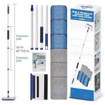 Qaestfy Baseboard Cleaner Tool with Handle, Wall Floor Mop with Extendable Long Handle Duster for Cleaning Window, Floor, Skirting Board, Ceiling, Shower, Tub Tile, Kitchen with 6 Reusable Pads