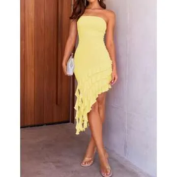 ZESICA Women's 2025 Summer Strapless Bodycon Tube Dress Sexy Off Shoulder Mesh Irregular Ruffle Backless Party Midi Dresses,LightYellow,Small