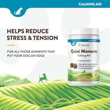 NaturVet Quiet Moments Calming Aid Dog Supplement – Helps Promote Relaxation, Reduce Stress, Storm Anxiety, Fireworks, Motion Sickness for Dogs – Tasty Pet Soft Chews with Melatonin – 70 Ct.