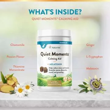 NaturVet Quiet Moments Calming Aid Dog Supplement – Helps Promote Relaxation, Reduce Stress, Storm Anxiety, Fireworks, Motion Sickness for Dogs – Tasty Pet Soft Chews with Melatonin – 70 Ct.