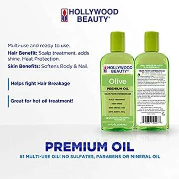 Hollywood Beauty Olive Hair Oil, 8oz Bottle, Also for Bath, Body and Nails, Fights hair breakage, Hair treatment, Adds shine, Heat Protection