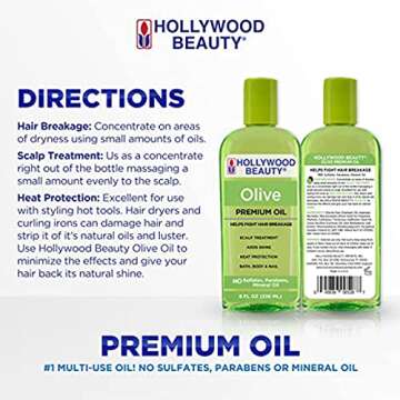 Hollywood Beauty Olive Hair Oil, 8oz Bottle, Also for Bath, Body and Nails, Fights hair breakage, Hair treatment, Adds shine, Heat Protection