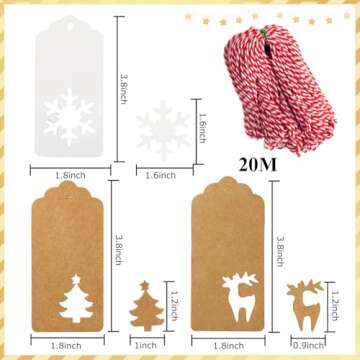 SallyFashion 150 PCS Christmas Tags, Kraft Paper Gift Tags Hang Labels with 20M Red and White String, Christmas Tree、Snowflake、Reindeer Design for Christmas Gift Favor,Christmas Party Christmas Tree