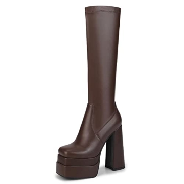 wetkiss Platform Knee High Boots Women Brown Platform Boots for Women Brown Gogo Boots Women's Knee-...