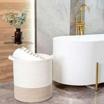 MINTWOOD Design 83L Extra Large 20x18 Inches Decorative Woven Cotton Rope Basket, Tall Laundry Basket Hamper, Blanket Basket for Living Room, Round Storage Baskets for Pillows, Towels, Light Brown