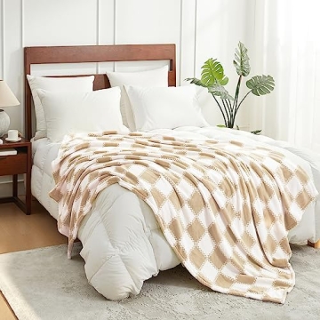 Cozy Bliss Beige Checkered Throw Blanket Ultra Soft Warm MilkyPlush™ Fleece Blanket Checkerboard G...