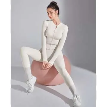 SUUKSESS Women 2 Piece Seamless Ribbed Workout Sets With Zip Up Jacket High Waisted Gym Yoga Leggings