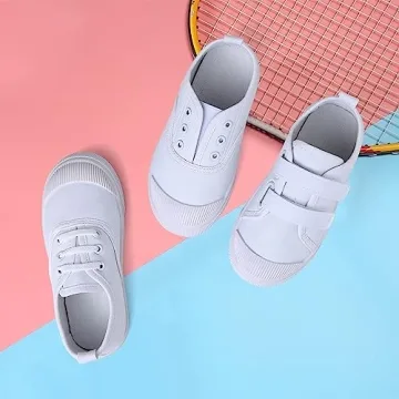 Kids White Canvas Sneakers Slip-On Lace-Up Lightweight