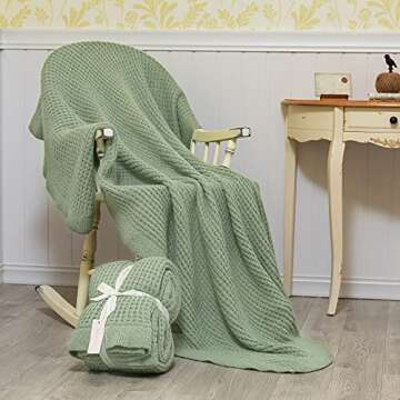Amélie Home Sage Green Knit Throw Blanket with Ruffled Fringe, Waffle Honeycomb Blanket Lightweight...