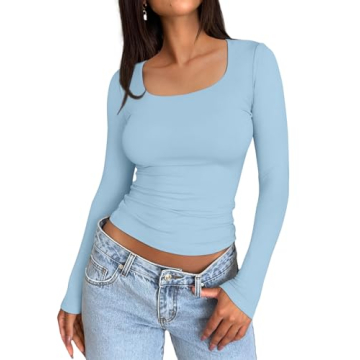 Trendy Queen Womens Long Sleeve Shirts Crop Tops Basic Tight Slim Fit Y2K T Shirts Winter Clothes 20...