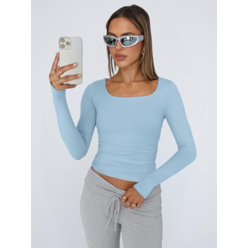 Trendy Queen Womens Long Sleeve Shirts Crop Tops Basic Tight Slim Fit Y2K T Shirts Winter Clothes 2024 Baby Blue 2XS