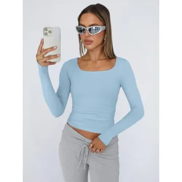 Trendy Queen Womens Long Sleeve Shirts Crop Tops Basic Tight Slim Fit Y2K T Shirts Winter Clothes 2024 Baby Blue 2XS