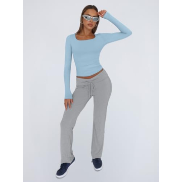 Trendy Queen Womens Long Sleeve Shirts Crop Tops Basic Tight Slim Fit Y2K T Shirts Winter Clothes 2024 Baby Blue 2XS