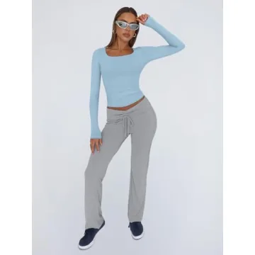 Trendy Queen Womens Long Sleeve Shirts Crop Tops Basic Tight Slim Fit Y2K T Shirts Winter Clothes 2024 Baby Blue 2XS