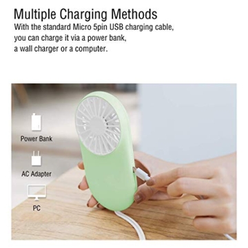 KINGRUNNING Mini Handheld Fan, Powerful Small Personal Portable Fan Speed Adjustable USB Rechargeable for Travel, 5V 900mAh, Green