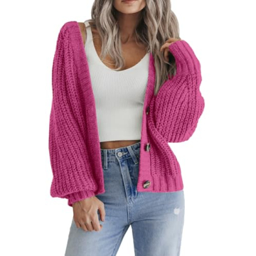 Zeagoo Women's Button Cardigan 2025 Long Sleeve Loose Knit Button Up Cardigan Sweaters Rose