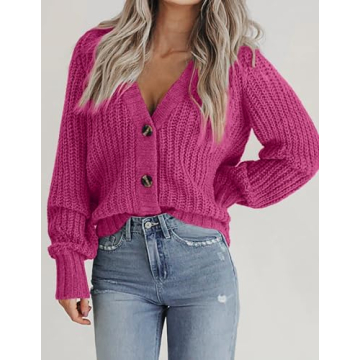 Zeagoo Women's Button Cardigan 2025 Long Sleeve Loose Knit Button Up Cardigan Sweaters Rose
