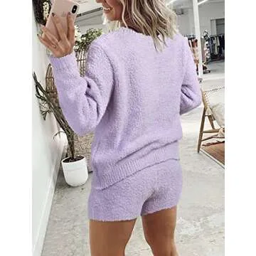 MEROKEETY Women's 2024 Fall Winter Fuzzy Fleece Long Sleeve Pajama Set 2 Piece Sweater Top and Shorts Loungewear