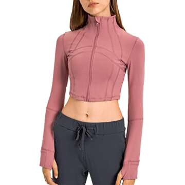KTILG Womens Cropped Jacket Zip Up Pullover Athletic Workout Fitness Yoga Gym Jackets Long Sleeve Ac...