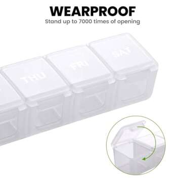Sukuos Extra Large Weekly Pill Organizer, 7 Day Daily Pill Box Case Arthritis Friendly, Silkscreen Printed Medicine Container with Clear Lid for Vitamins, Fish Oils or Supplements (White)