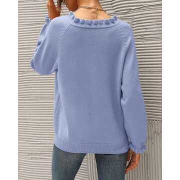BTFBM Womens Sweaters Fall Winter Clothes 2025 Long Sleeve Button Down Ruffle Crew Neck Casual Knitted Pullover Tops(Solid Sky Blue, Large)