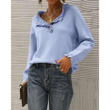 BTFBM Womens Sweaters Fall Winter Clothes 2025 Long Sleeve Button Down Ruffle Crew Neck Casual Knitted Pullover Tops(Solid Sky Blue, Large)