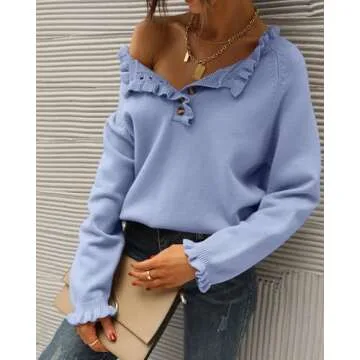 BTFBM Womens Sweaters Fall Winter Clothes 2025 Long Sleeve Button Down Ruffle Crew Neck Casual Knitted Pullover Tops(Solid Sky Blue, Large)
