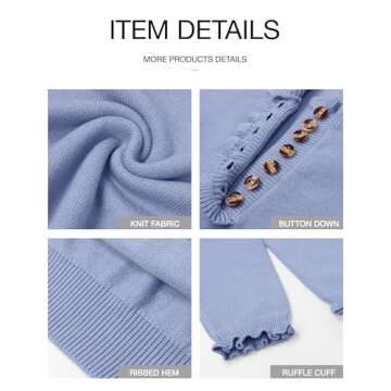 BTFBM Womens Sweaters Fall Winter Clothes 2025 Long Sleeve Button Down Ruffle Crew Neck Casual Knitted Pullover Tops(Solid Sky Blue, Large)