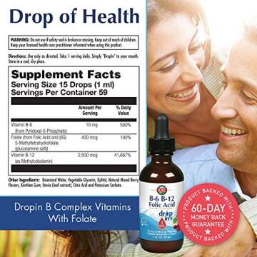 KAL Vitamin B-6 B-12 Folic Acid DropIns, Liquid Vitamin B Supplement Drops, Heart Health, Energy, Re...