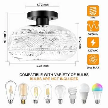 Semi Flush Mount Ceiling Light,Black Hallway Light Fixture,Globe Glass Close to Ceiling Light,Vintage Indoor Hanging Light,Farmhouse Pendant Lamp for Kitchen Entryway Bathroom Porch,Bulb Not Included