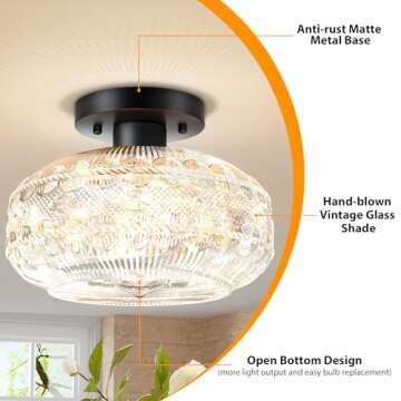 Semi Flush Mount Ceiling Light,Black Hallway Light Fixture,Globe Glass Close to Ceiling Light,Vintage Indoor Hanging Light,Farmhouse Pendant Lamp for Kitchen Entryway Bathroom Porch,Bulb Not Included