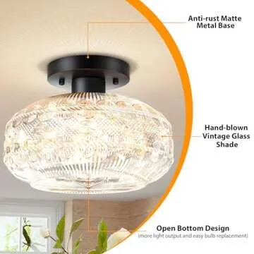 Semi Flush Mount Ceiling Light,Black Hallway Light Fixture,Globe Glass Close to Ceiling Light,Vintage Indoor Hanging Light,Farmhouse Pendant Lamp for Kitchen Entryway Bathroom Porch,Bulb Not Included