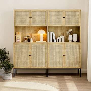 IKIFLY Kitchen Pantry Rattan Storage Cabinet with Outlet and USB Ports, Kitchen Sideboard Buffet Cab...
