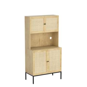 IKIFLY Kitchen Pantry Rattan Storage Cabinet with Outlet and USB Ports, Kitchen Sideboard Buffet Cabinet with Handmade Rattan Doors & Large Countertop, Freestanding Tall Cupboard for Home - Natural