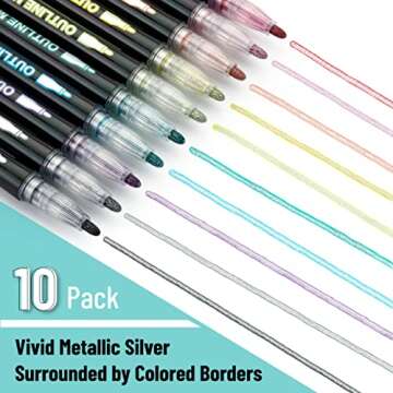 Mr. Pen - Double Line Shimmer Markers, 10 Colors, Self-Outline Metallic Pens, Craft Pens