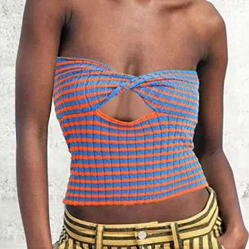 ACOSAP Women's Sexy Crop Top Sleeveless Striped Print Ribbed Knit Stretchy Strapless Tube Top Orange...