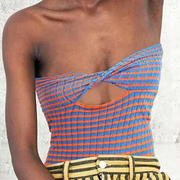 ACOSAP Women's Sexy Crop Top Sleeveless Striped Print Ribbed Knit Stretchy Strapless Tube Top Orange Blue