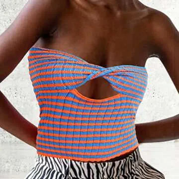 ACOSAP Women's Sexy Crop Top Sleeveless Striped Print Ribbed Knit Stretchy Strapless Tube Top Orange Blue