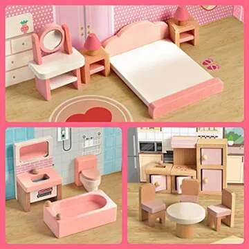 FUN LITTLE TOYS 4 Set Wooden Doll House Furniture, 22 PCs Dollhouse Accessories, Pink Wooden Toys