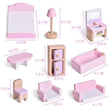 FUN LITTLE TOYS 4 Set Wooden Doll House Furniture, 22 PCs Dollhouse Accessories, Pink Wooden Toys