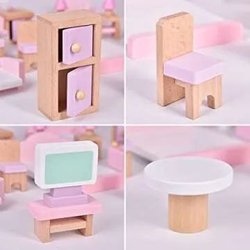 FUN LITTLE TOYS 4 Set Wooden Doll House Furniture, 22 PCs Dollhouse Accessories, Pink Wooden Toys